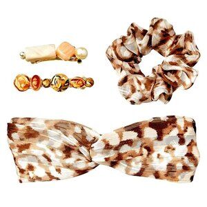 Fall Hair Accessories Knotted Headband, Hair Scrunchie Set-Brown Floral Knot